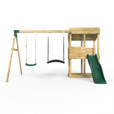 Rebo Wooden Lookout Tower Playhouse with 6ft Slide & Swings - Badlands