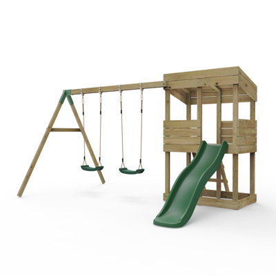 Wooden lookout playhouse with 2024 slide