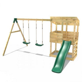 Rebo Wooden Lookout Tower Playhouse with 6ft Slide & Swings - Bryce