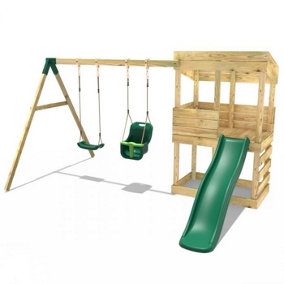Rebo Wooden Lookout Tower Playhouse with 6ft Slide & Swings - Redwood