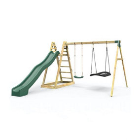 Rebo Wooden Pyramid Activity Frame with Swings and 10ft Water Slide - Horseshoe
