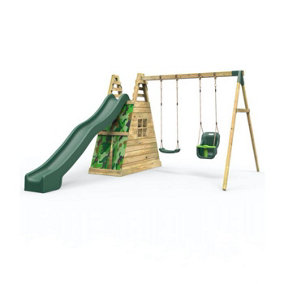 Rebo Wooden Pyramid Activity Frame with Swings and 10ft Water Slide - Pixley