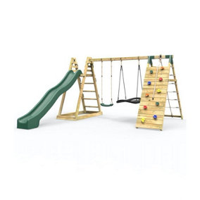 Rebo Wooden Pyramid Climbing Frame with Swings and 10ft Water Slide - Horseshoe