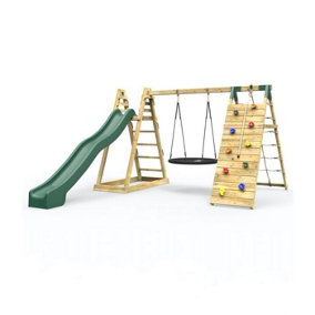 Rebo Wooden Pyramid Climbing Frame with Swings and 10ft Water Slide - Looking Glass