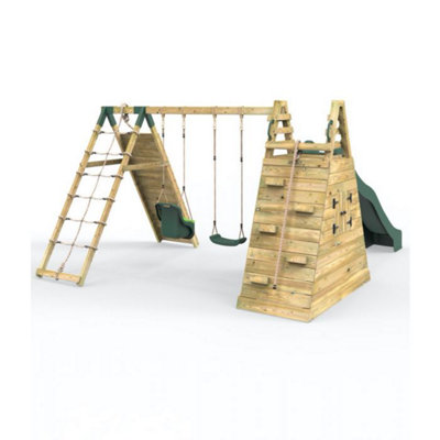 Rebo Wooden Pyramid Climbing Frame with Swings and 10ft Water Slide - Pixley