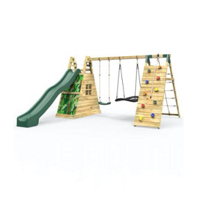Rebo Wooden Pyramid Climbing Frame with Swings and 10ft Water Slide - Rainbow