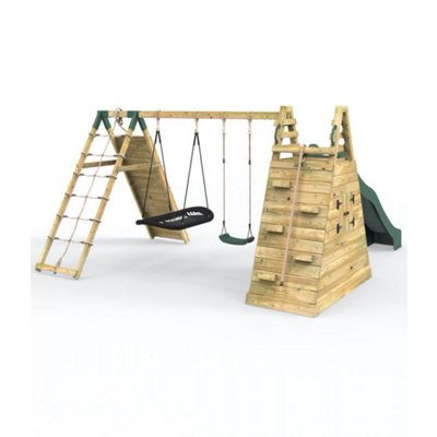 Rebo Wooden Pyramid Climbing Frame with Swings and 8.7ft Water Slide ...