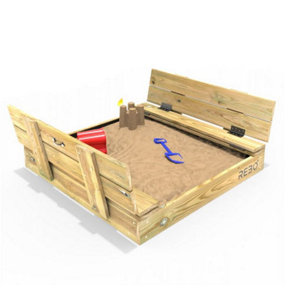 Rebo Wooden Sandpit Ball Pool with Folding Lid and Benches Sandbox 100cm x 100cm DIY at B&Q