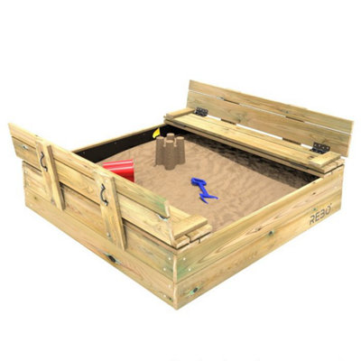 Rebo Wooden Sandpit Ball Pool with Folding Lid and Benches Sandbox 120cm x 120cm DIY at B&Q