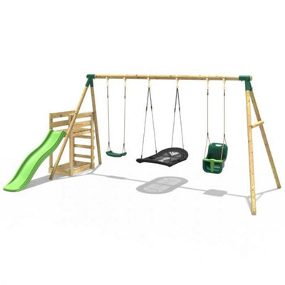 Rebo Wooden Swing Set plus Deck & Slide - Halley Green