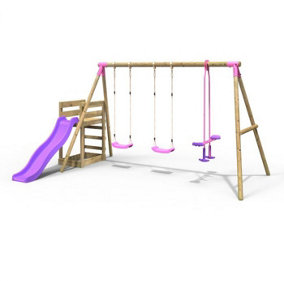 Rebo Wooden Swing Set plus Deck & Slide - Neptune Pink