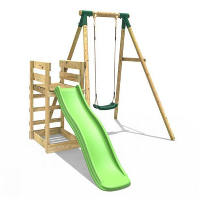 Rebo Wooden Swing Set plus Deck & Slide - Solar Green