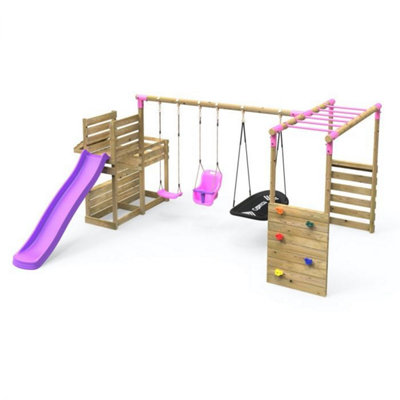 Rebo Wooden Swing Set plus Deluxe Deck, 8ft Slide & Monkey Bars
