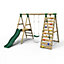 Rebo Wooden Swing Set with Deck and Slide plus Up and Over Climbing Wall - Amber Green