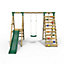 Rebo Wooden Swing Set with Deck and Slide plus Up and Over Climbing Wall - Amber Green