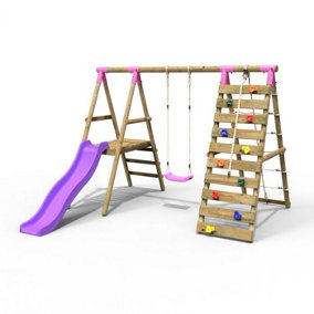 Rebo Wooden Swing Set with Deck and Slide plus Up and Over Climbing Wall - Amber Pink