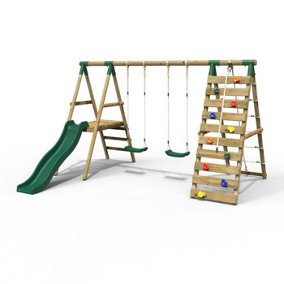 Rebo Wooden Swing Set with Deck and Slide plus Up and Over Climbing Wall - Jade Green