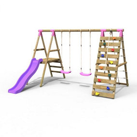 Rebo Wooden Swing Set with Deck and Slide plus Up and Over Climbing Wall - Jade Pink