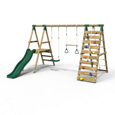 Rebo Wooden Swing Set with Deck and Slide plus Up and Over Climbing Wall - Jasper Green