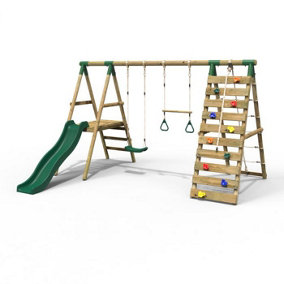 Rebo Wooden Swing Set with Deck and Slide plus Up and Over Climbing Wall - Jasper Green