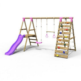 Rebo Wooden Swing Set with Deck and Slide plus Up and Over Climbing Wall - Jasper Pink