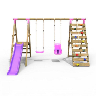 Rebo Wooden Swing Set with Deck and Slide plus Up and Over Climbing Wall - Moonstone Pink