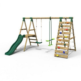 Rebo Wooden Swing Set with Deck and Slide plus Up and Over Climbing Wall - Obsidian Green