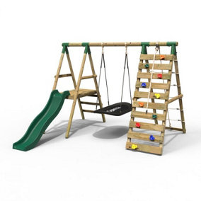 Rebo Wooden Swing Set with Deck and Slide plus Up and Over Climbing Wall - Onyx Green