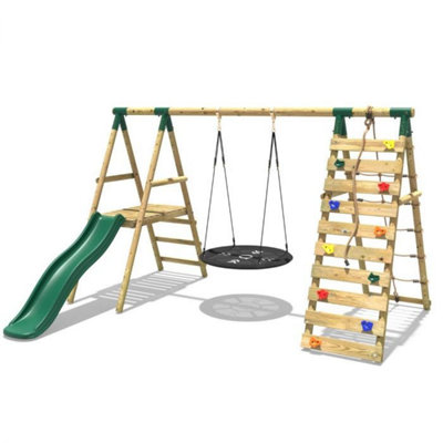 Rebo Wooden Swing Set with Deck and Slide plus Up and Over Climbing