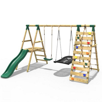 Rebo Wooden Swing Set With Deck And Slide Plus Up And Over Climbing Wall -  Quartz Green | Diy At B&Q