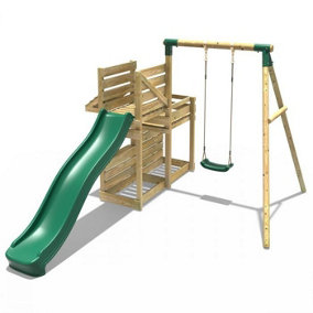 Rebo Wooden Swing Set with Deluxe Add on Activity Deck & 8FT Slide - Solar Green