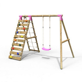 Rebo Wooden Swing Set with Up and Over Climbing Wall - Aria Pink