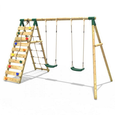 Rebo Wooden Swing Set with Up and Over Climbing Wall Ela Green DIY