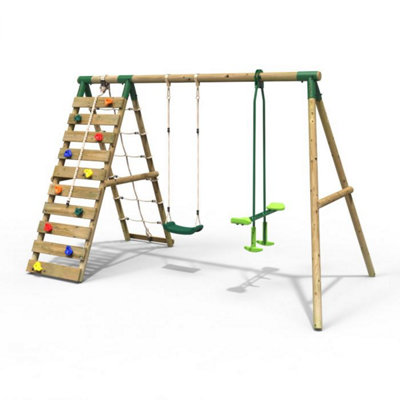 Rebo Wooden Swing Set with Up and Over Climbing Wall - Isla Green