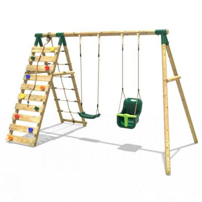 Rebo Wooden Swing Set with Up and Over Climbing Wall - Kai Green