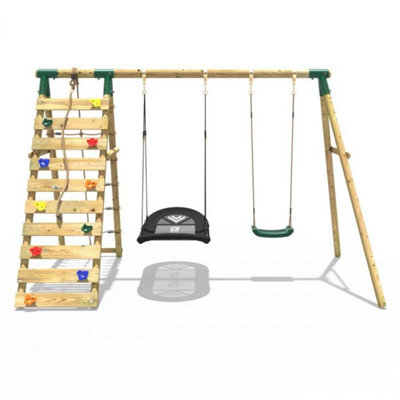 Rebo Wooden Swing Set with Up and Over Climbing Wall - Sage Green