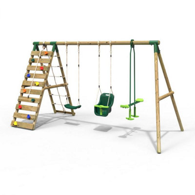 Rebo Wooden Swing Set with Up and Over Climbing Wall - Sienna Green