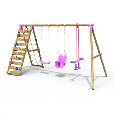 Rebo Wooden Swing Set with Up and Over Climbing Wall Sienna Pink