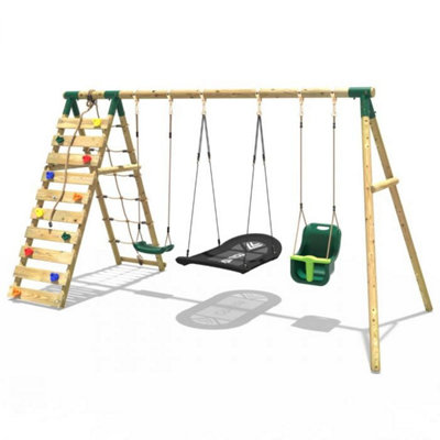 Rebo Wooden Swing Set with Up and Over Climbing Wall Skye Green DIY