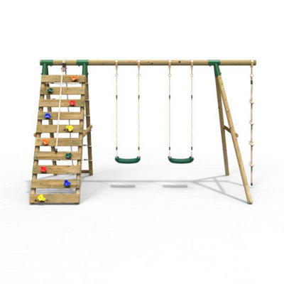 Rebo Wooden Swing Set with Up and Over Climbing Wall - Terra Green