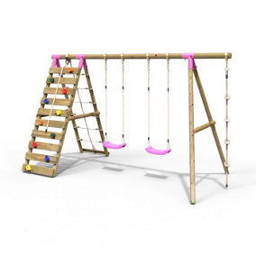 Rebo Wooden Swing Set with Up and Over Climbing Wall - Terra Pink