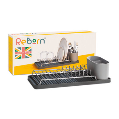 ReBorn Compact Recycled Draining Rack - Dark Grey Kitchen Dish Drainer - Holds up to 6 Plates - Made in the UK