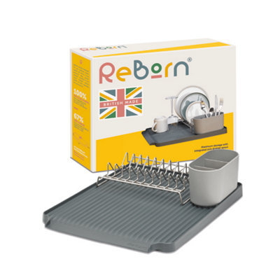 ReBorn Large Recycled Draining Rack - Dark Grey Kitchen Dish Drainer - Holds up to 10 Plates - Made in the UK