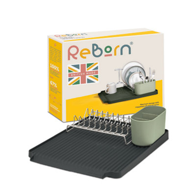 ReBorn Large Recycled Draining Rack - Sage Green Kitchen Dish Drainer - Holds up to 10 Plates - Made in the UK