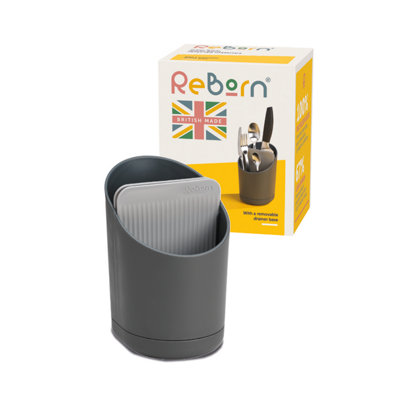 ReBorn Recycled Cutlery Drainer - Dark Grey Kitchen Utensil Caddy - Tiered Design - Made in the UK