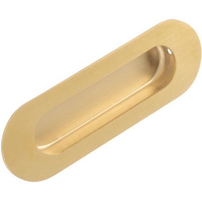 Recessed Sliding Door Flush Pull 102mm x 51mm 12mm Depth Satin Brass Radius