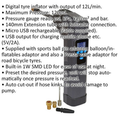 Rechargeable Compact Digital Tyre Inflator - Power Bank & Work Light - Micro USB