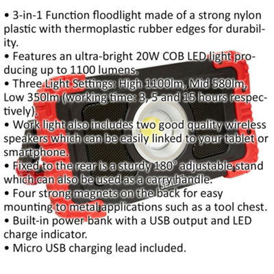 Rechargeable Floodlight - 20W COB LED - Wireless Speakers & Power Bank - 1100 lm