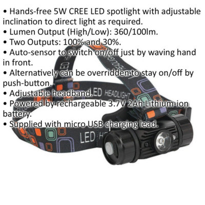 Rechargeable Head Torch - Three Light Settings - 3W CREE XPE LED - Auto Sensor
