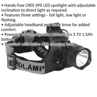 Rechargeable Head Torch - Three Light Settings - 3W LED - Micro USB